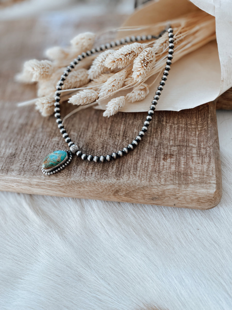 thumbnail image 2 of 36" Navajo Pearl And Kingman Turquoise Necklace - Native American Turquoise Jewelry - Dakota Sky 2 of 11