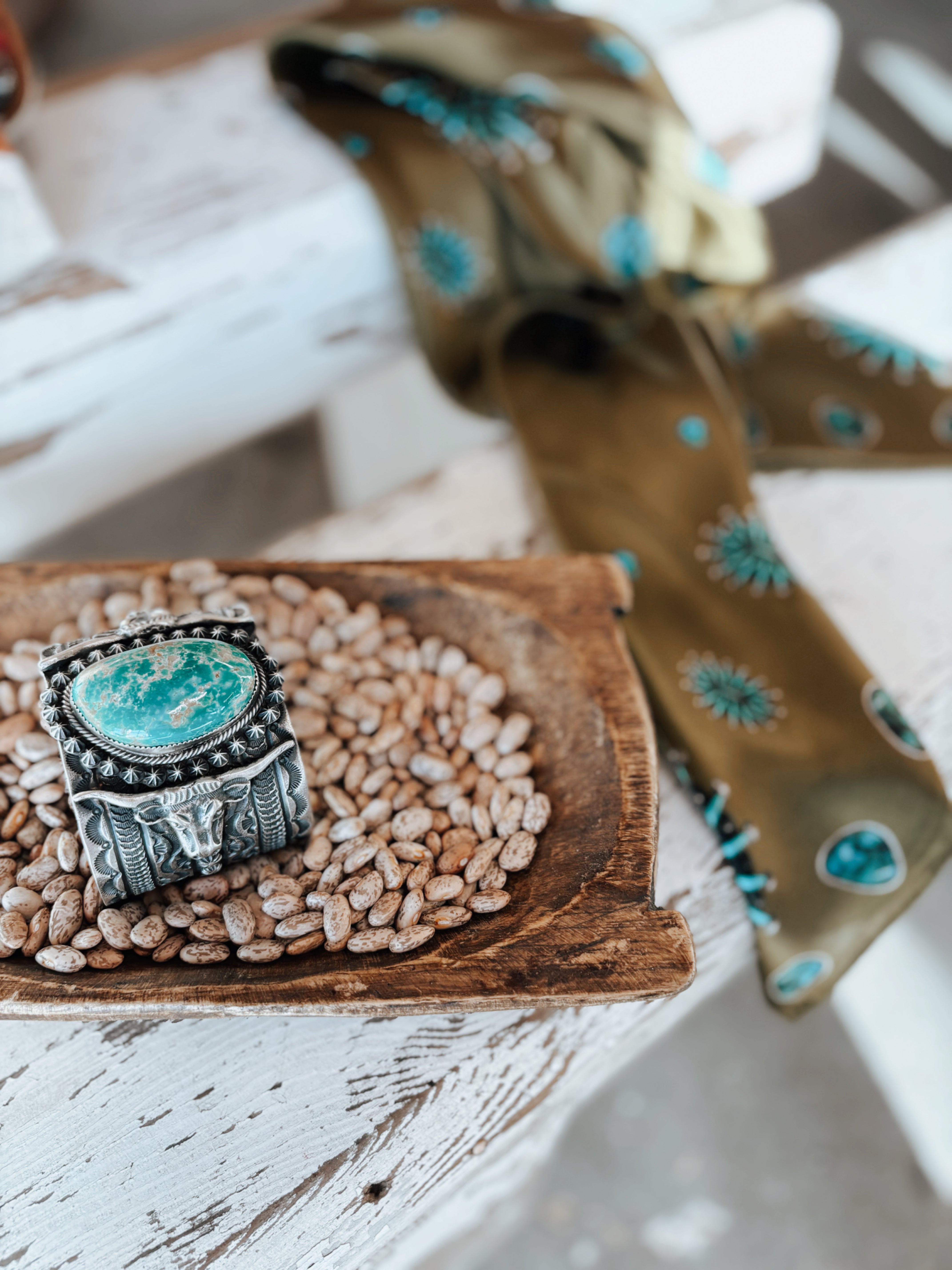 Fort Worth Cuff. Sterling Silver turquoise stone bull head longhorn detail