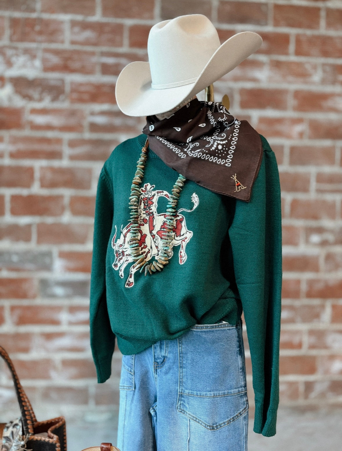 Emerald Green sweater with bull rider