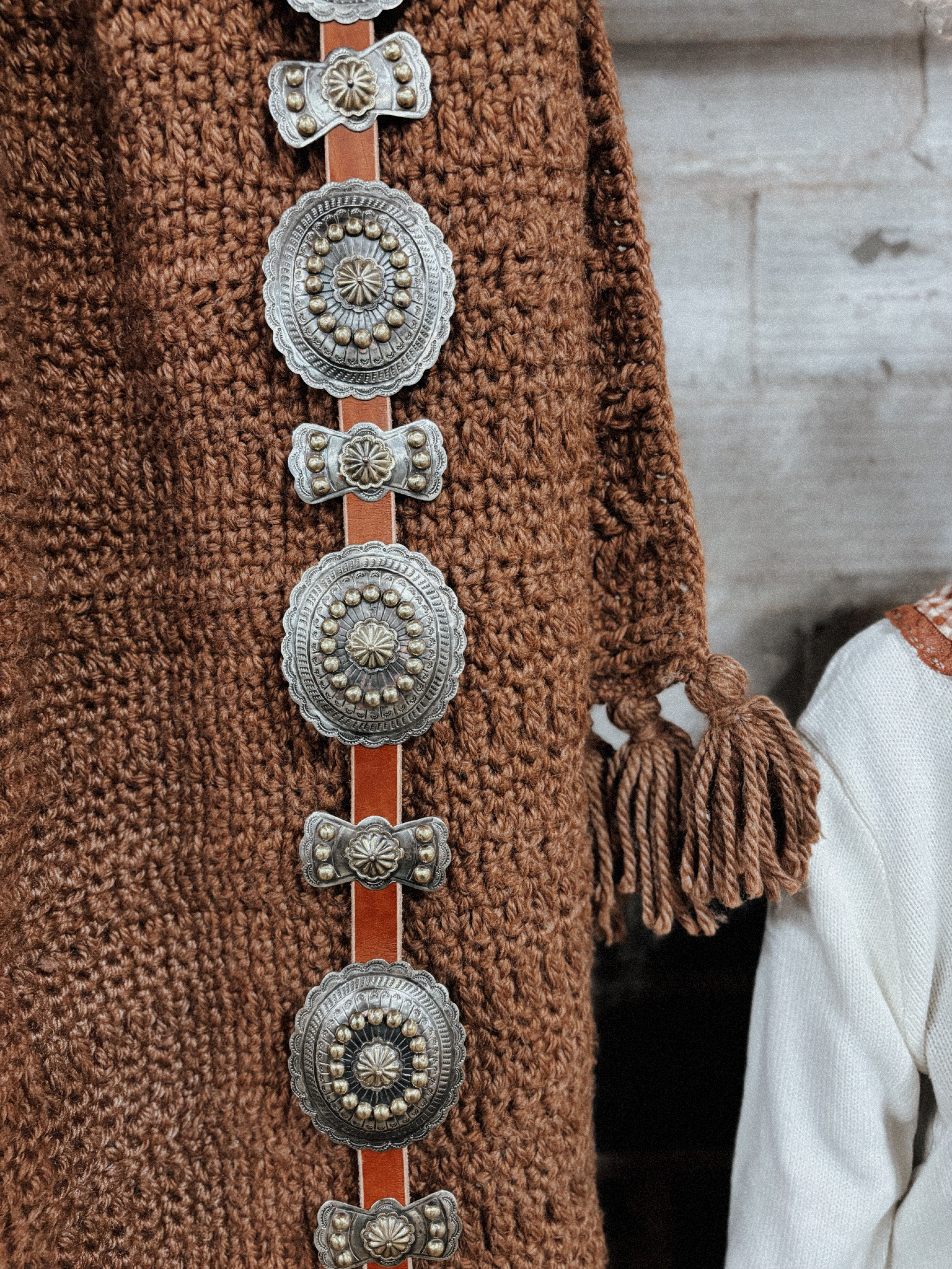 German silver conchos brown leather tie belt 54\