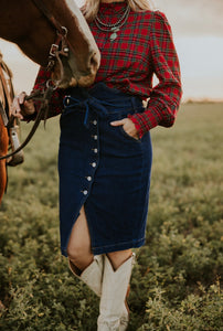 Denim Button up pencil skirt with tie waist