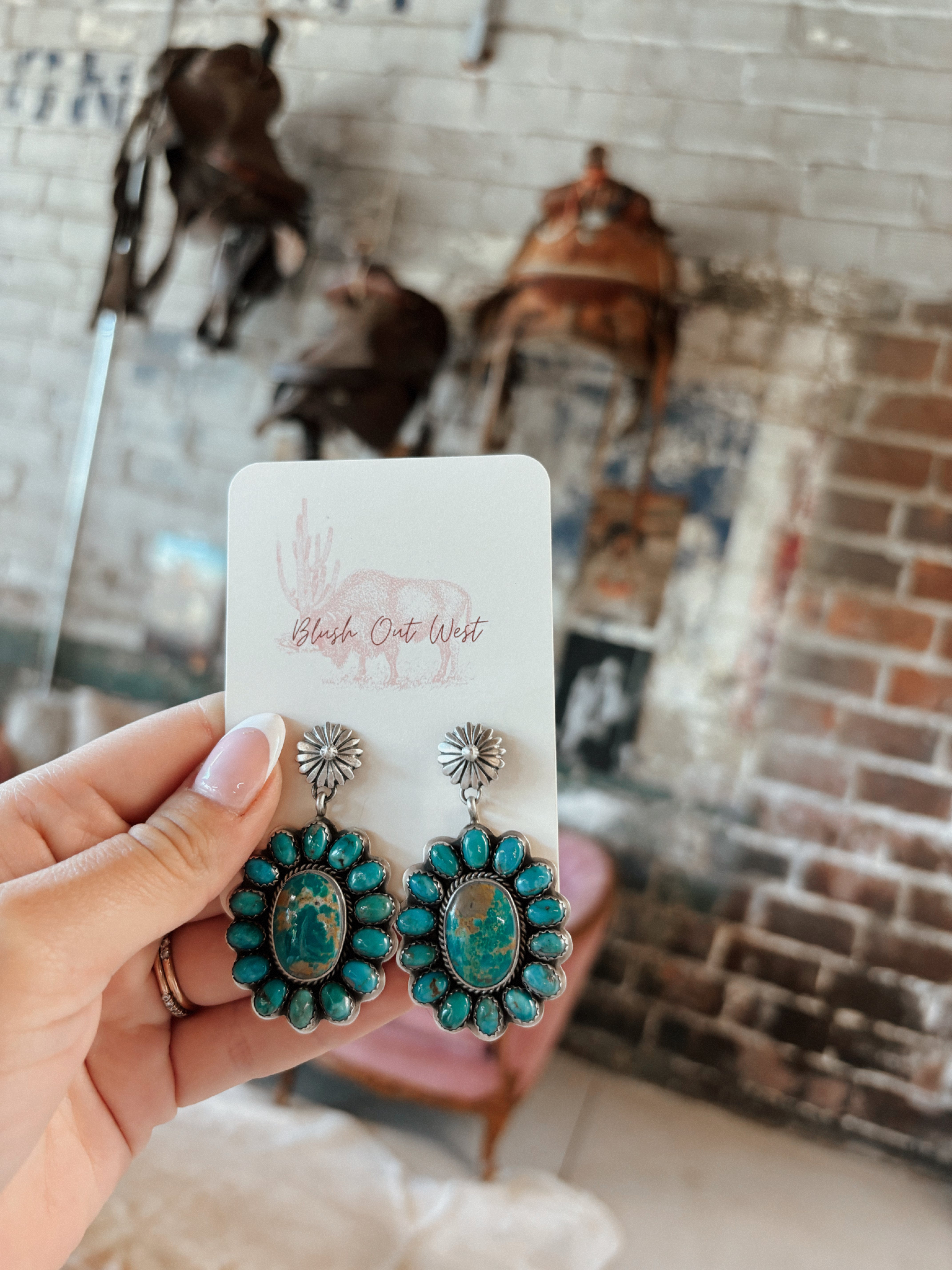 Turquoise and Sterling Silver cluster drop EArrings Native American made