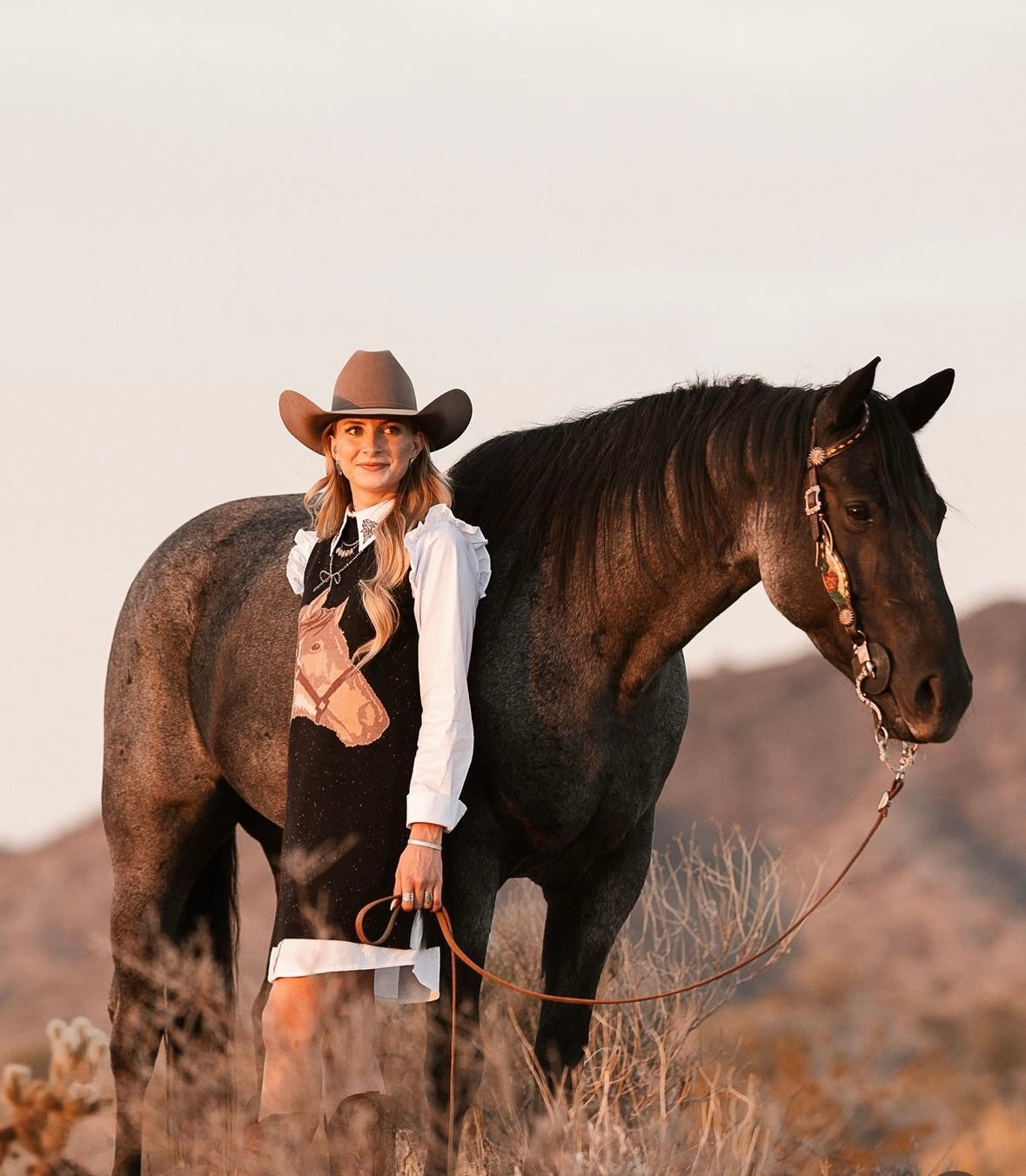 Horse dress with white cotton dress with ruffles underneath.