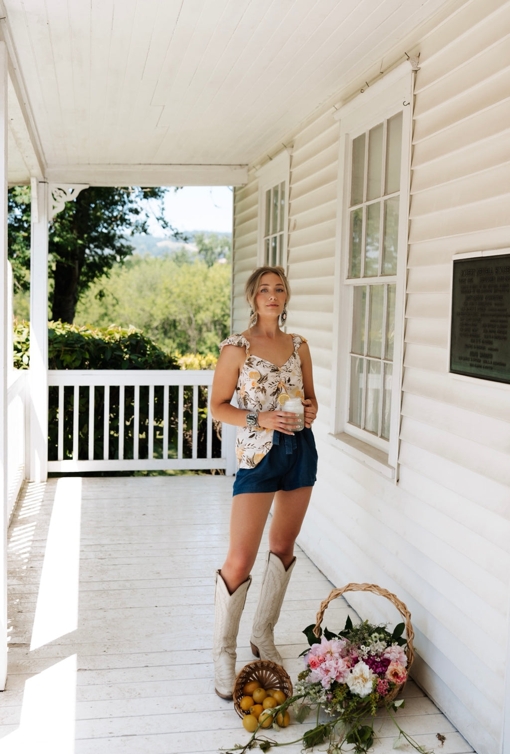 Country Summer Floral Blouse and Denim Shorts
