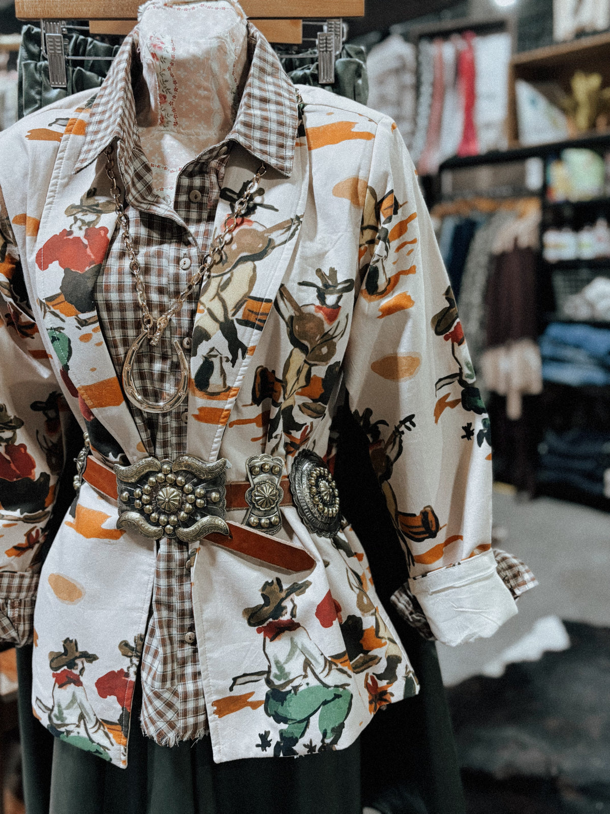 A retro cowboy print blazer jacket