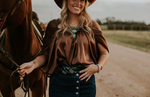 Silky Rusty Brown Bubble Blouse with shirring/gathering at shoulder. 