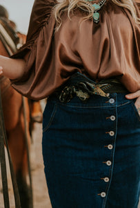 Silky Rusty Brown Bubble Blouse with shirring/gathering at shoulder. 