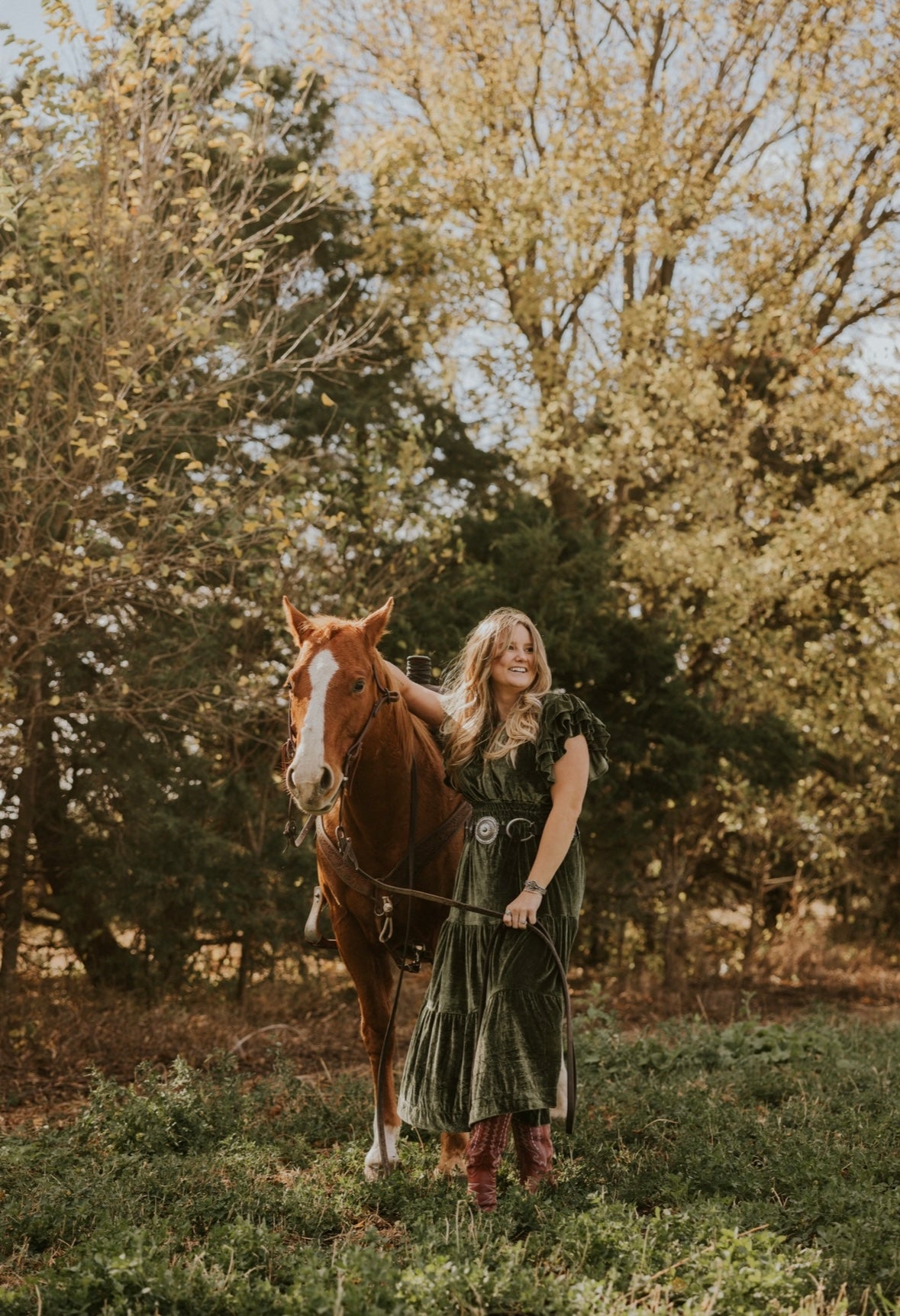 Green Velvet Ruffle Holiday Dress with tiered skirt