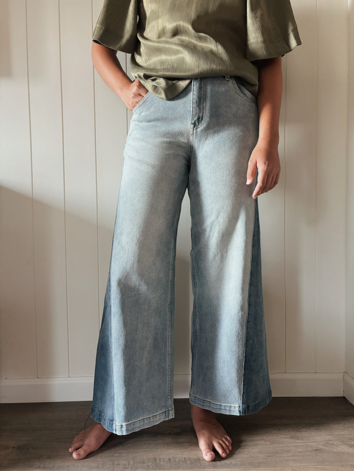 Wide-leg two-tone denim jeans photographed from the front