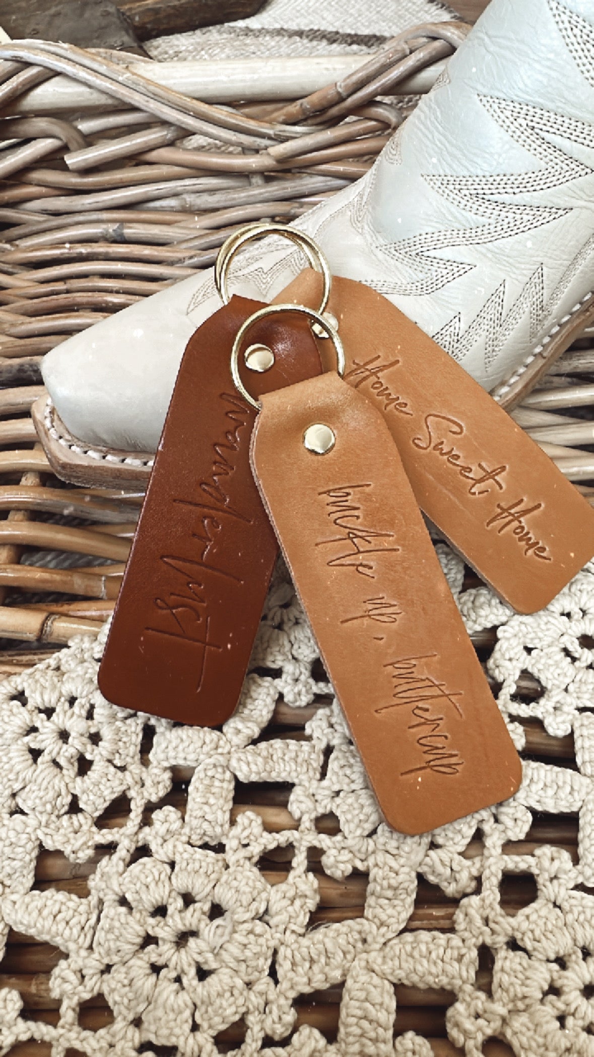 Leather Keychains w/Fun Sayings โ Blush Out West