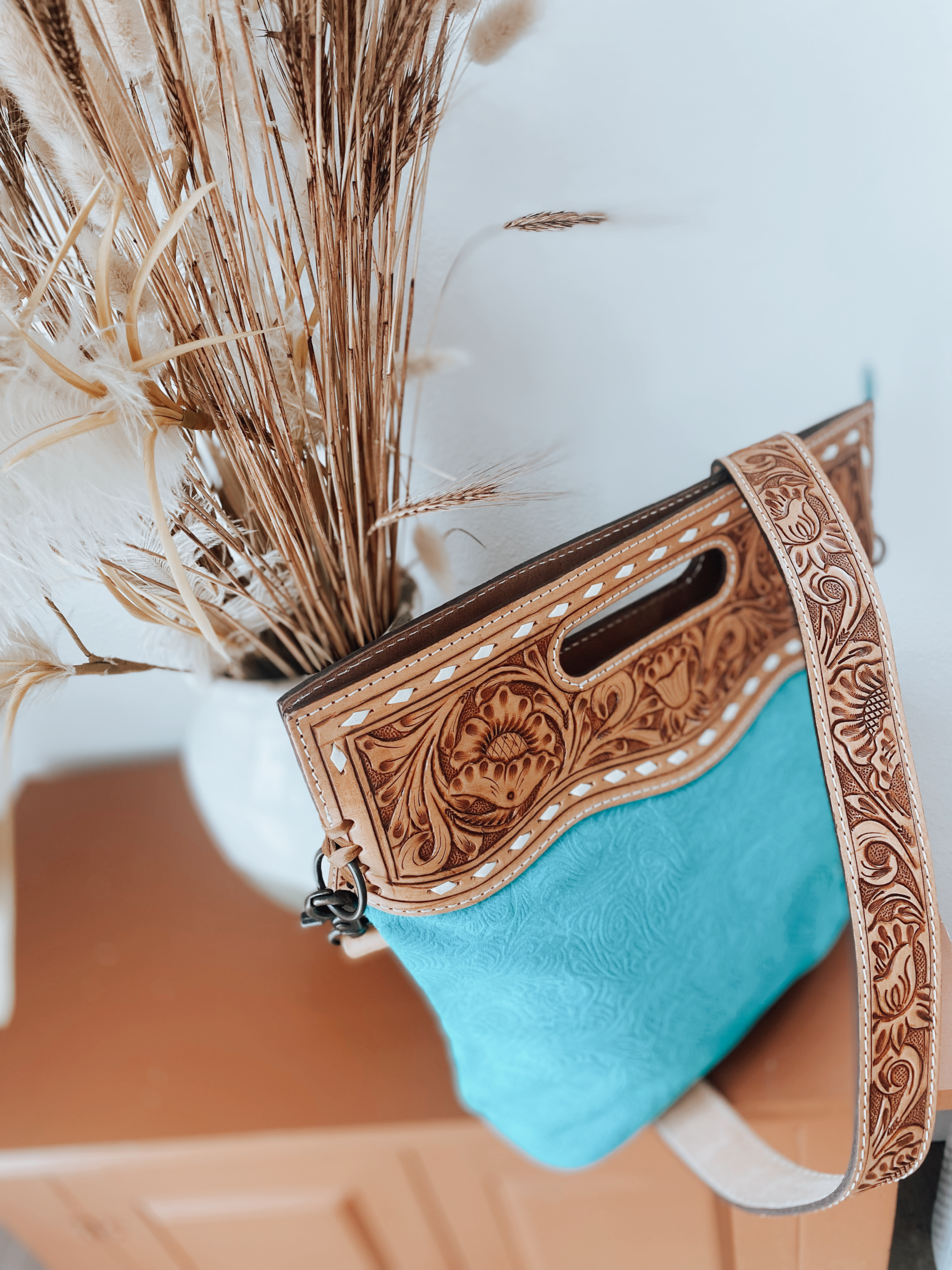 Turquoise Embossed Tooled Bag