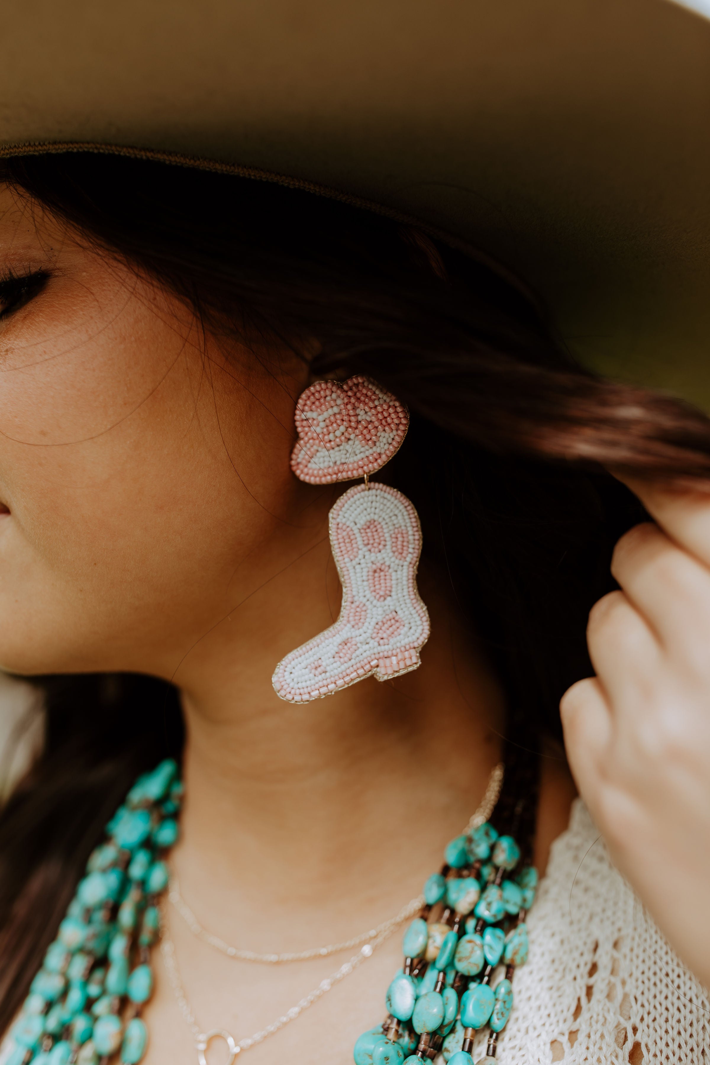 Beaded cowboy boot pink earrings