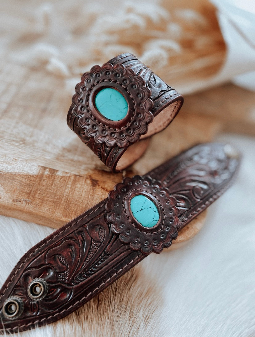 Tooled Leather Turquoise Stone Cuff