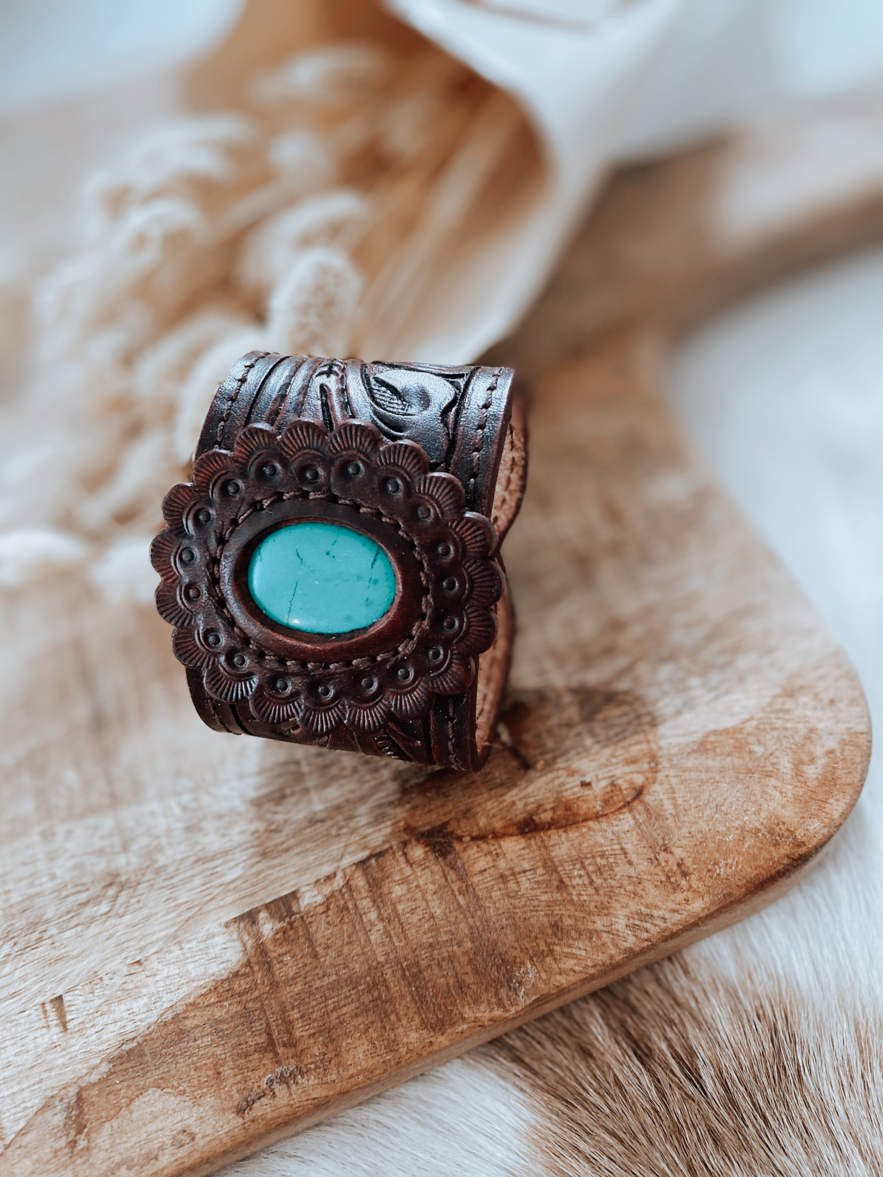 Tooled Leather Turquoise Stone Cuff