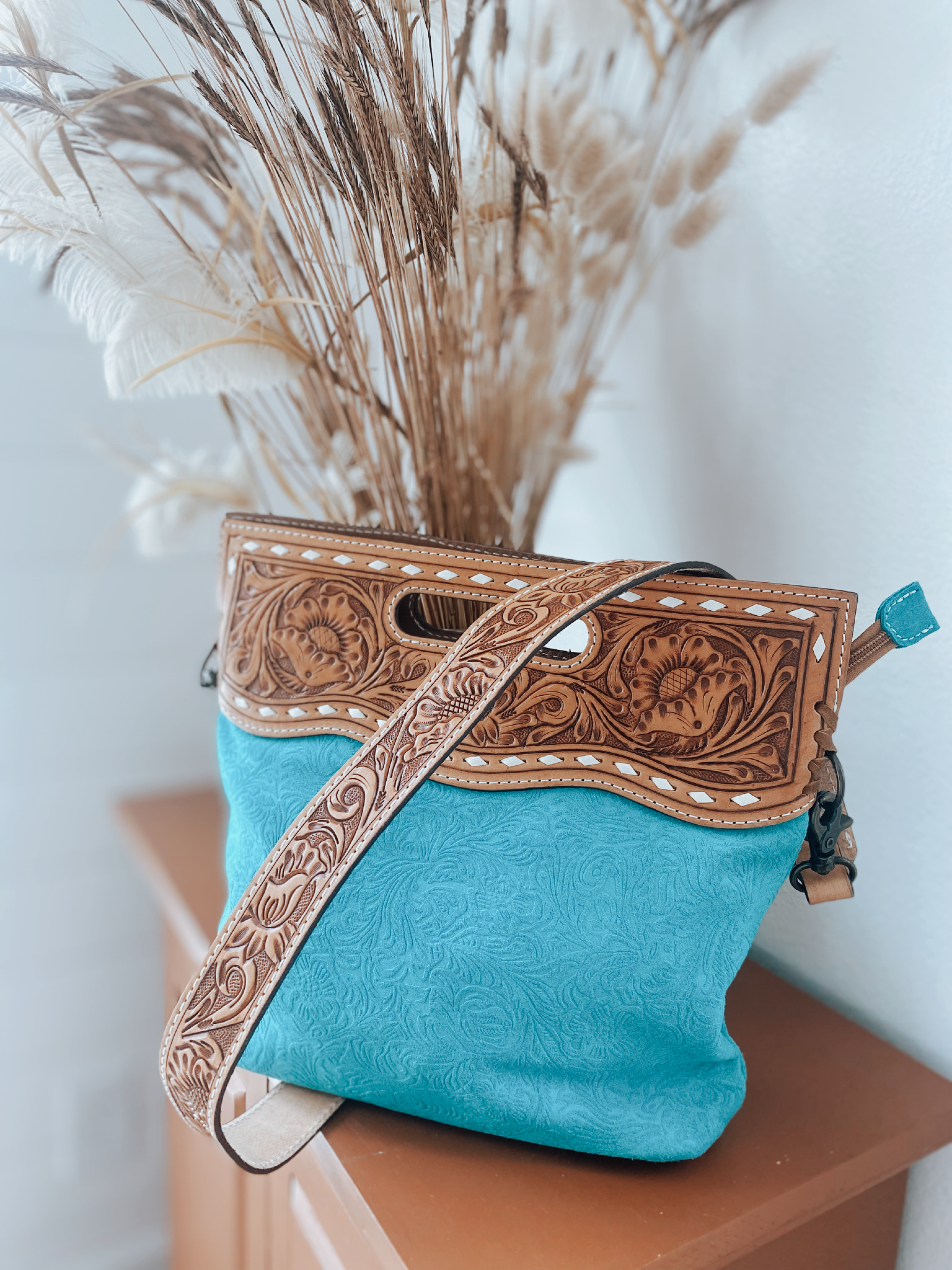 Turquoise Embossed Tooled Bag